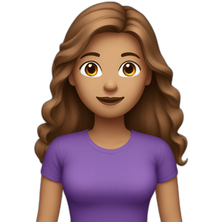 women,brown long hair,using purple tshirt, with letters hello emoji