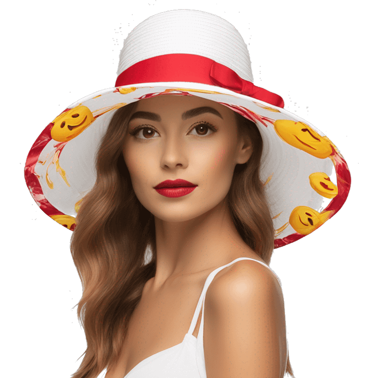 a beautiful Love themed, women's sunhat with bow in white, bright crimson red and yellow gold colors, emoji