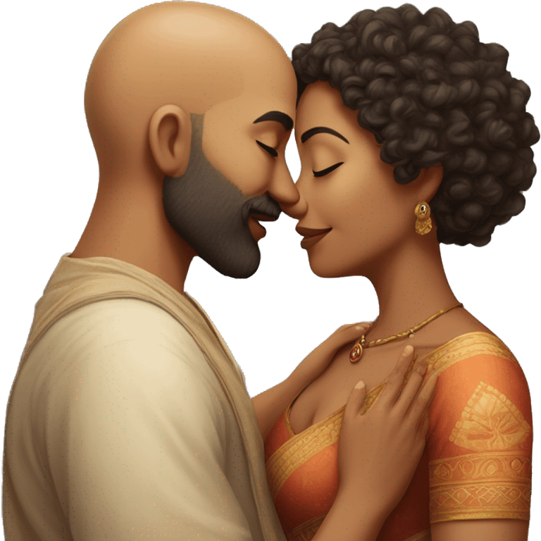 A indian race man with shaved head kissing a indian woman with curly hair short, Who embrace each other tenderly emoji