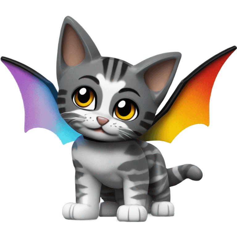 Lego Batman riding a Grey and black tabby kitten with white legs, and wings of fire  emoji