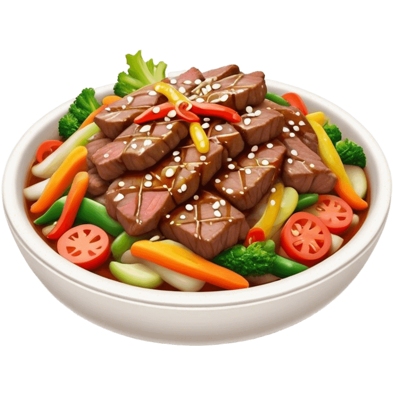 Cinematic Realistic Bulgogi Dish Emoji, featuring tender, marinated beef stir-fried with vegetables rendered with dynamic textures and mouth-watering lighting. emoji