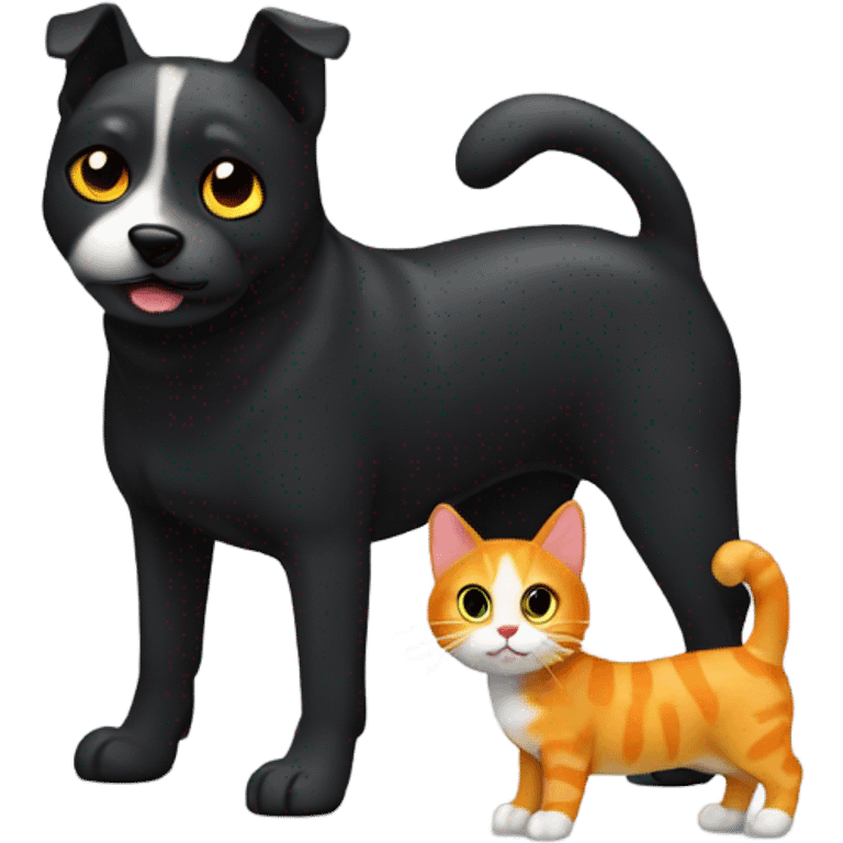 Spanish wanter dog black with white spot on its chat together with orange cat that has yellow eyes emoji