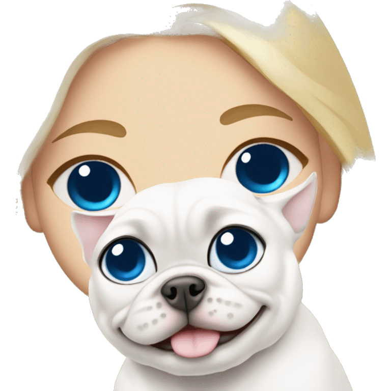 Princess blonde with blue eyes, white Frenchie and white cat emoji