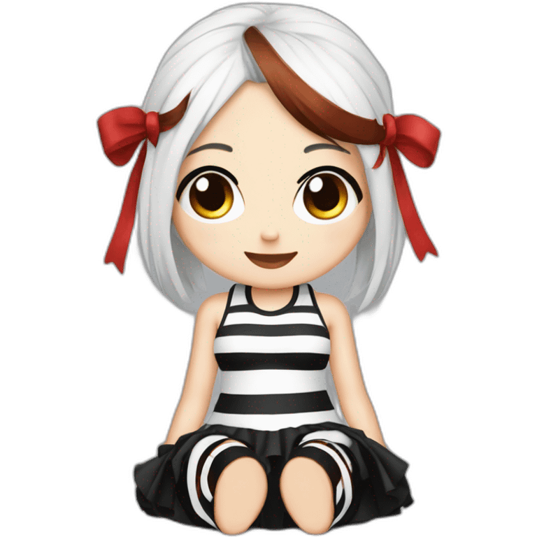 Frontal view curvy emo girl sits white skirt striped stockings hands up emoji