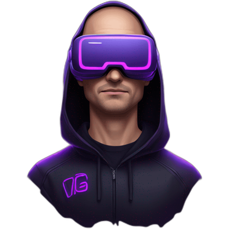 Russian man in the black hoody with violet letters "OMG VR" on it wearing vr headset. Cyberpunk style. Violet neon. emoji