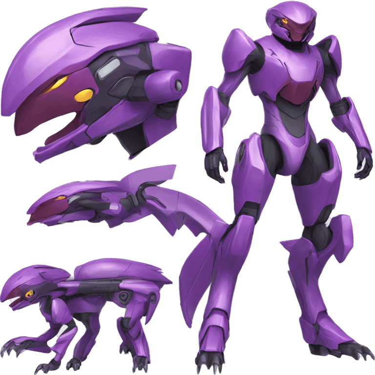 a purple Genesect-Raptor-Fakémon—hybrid with a futuristic visor-helmet full body emoji