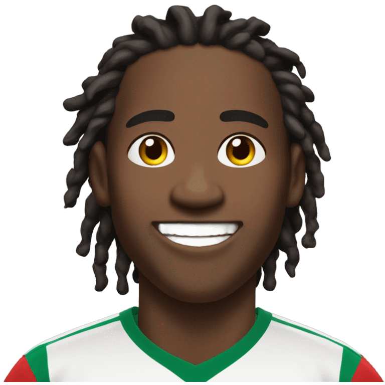  Young black man- 4 inch short black nappy messy dread locks-  low eyebrows - low eyes - no facial hair laughing Portugal jersey lean crazy smile  emoji