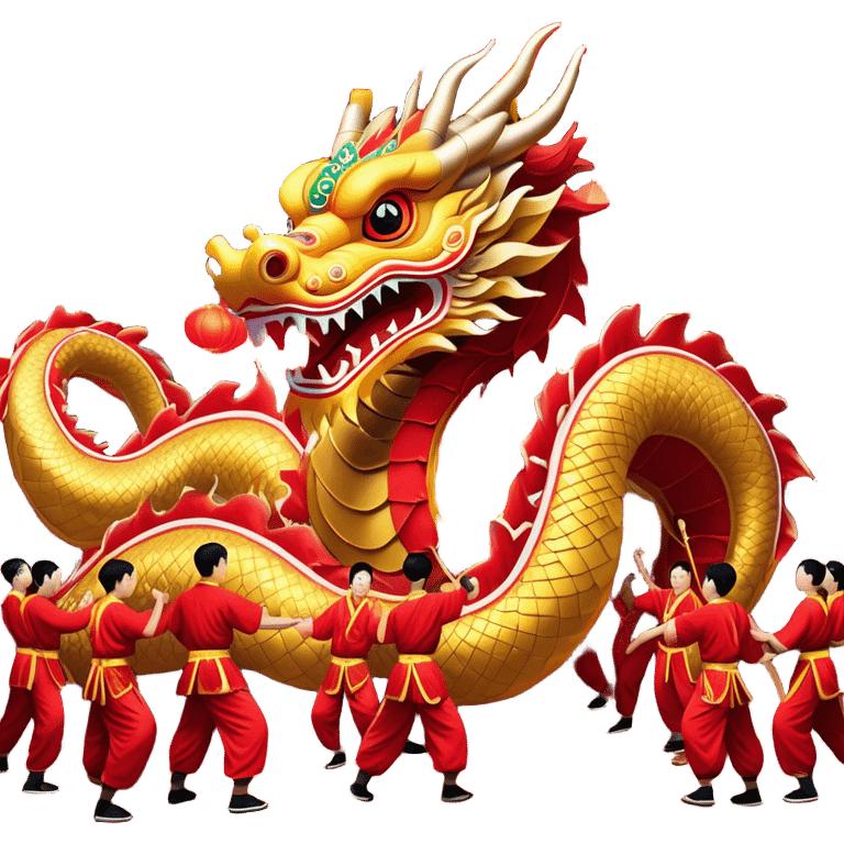 Cinematic Realistic scene of a traditional Chinese Dragon Dance featuring a team of performers skillfully manipulating a colossal, flexible dragon puppet, its intricately detailed, vibrant scales and flowing, embroidered fabric catching the light, set against a festive backdrop of red lanterns and dynamic red-tinged lighting that accentuates the majestic presence of the dragon puppet. emoji