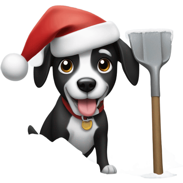 Black and white dog with a santa clause hat on shoveling snow emoji