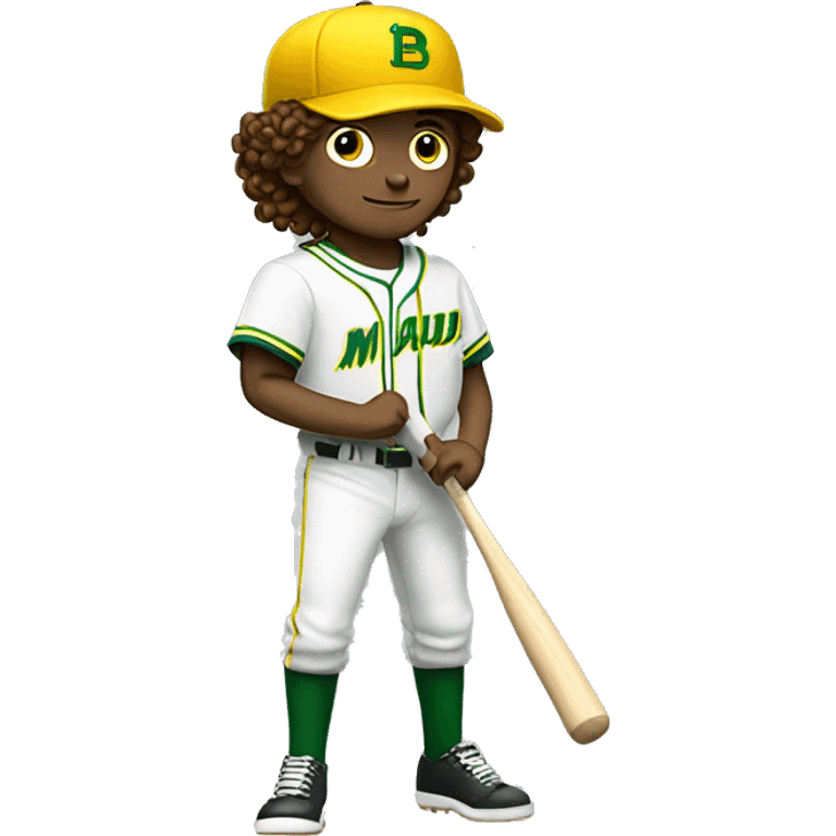 White boy with brown curly hair swinging baseball bat with green and yellow uniform with an M in his hat emoji