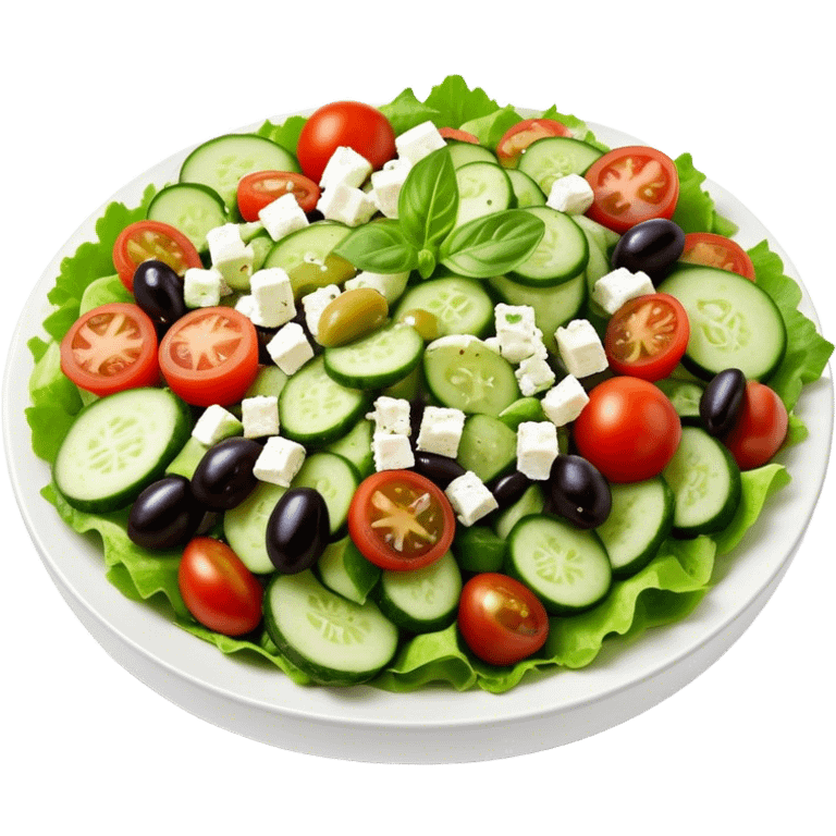 Cinematic Realistic Greek Salad Dish Emoji, depicted with crisp lettuce, tomatoes, cucumbers, olives, and feta cheese rendered with vibrant textures and fresh, natural lighting. emoji