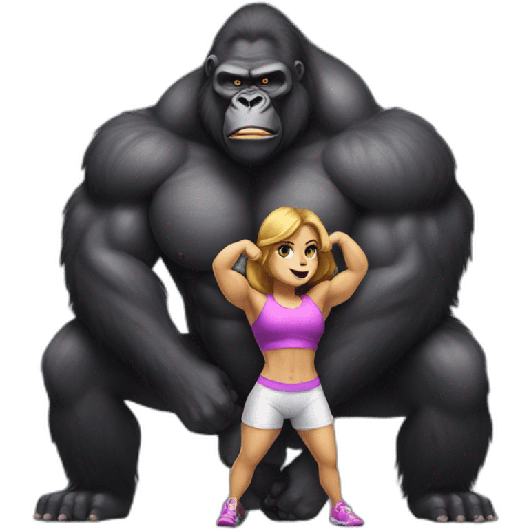 Big buff Gorilla holding a beautiful girl with a huge back doing exercises emoji