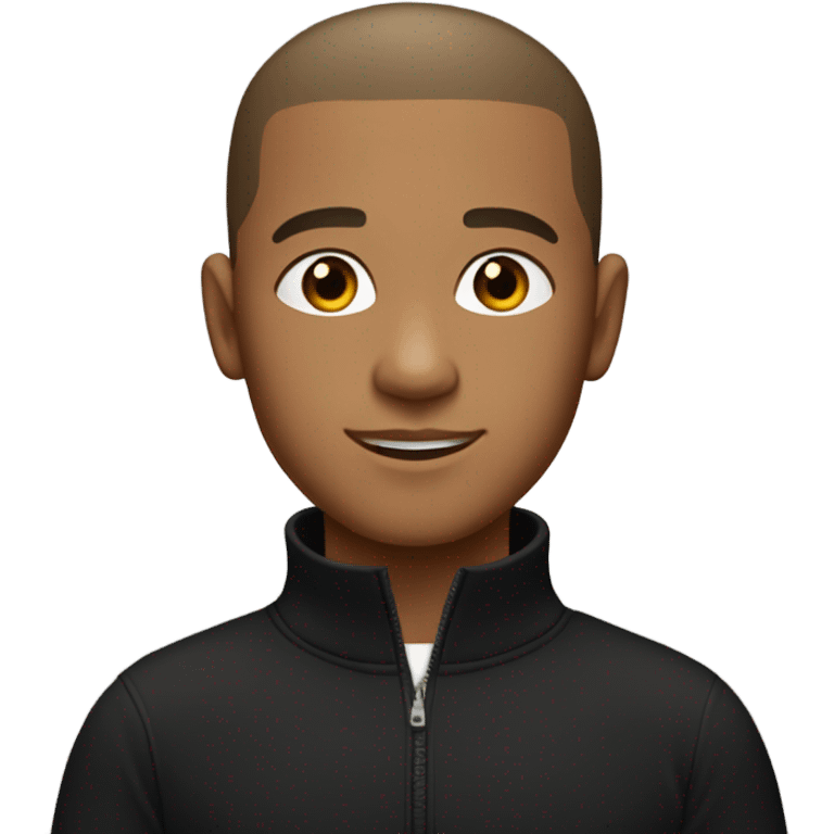 boy with light brown skin, buzz cut, no facial hair, wearing a smart black quarter zip jumper with white t shirt underneath. emoji