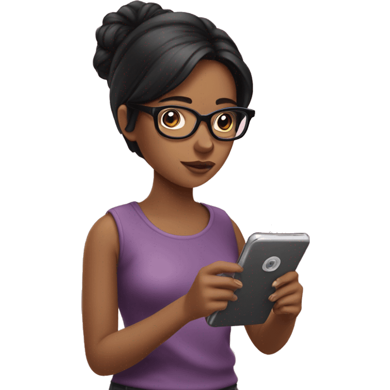 girl with glasses and dark hair reading on a pink smart phone emoji