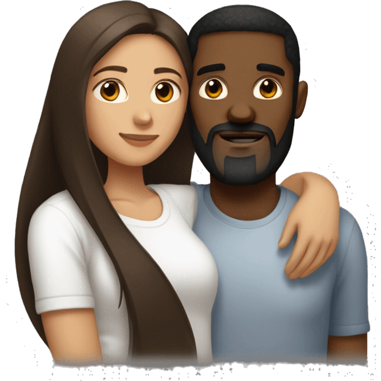 light skin woman with very long straight brown hair hugging black man with very short dark hair and a long dark beard wearing a white tshirt emoji