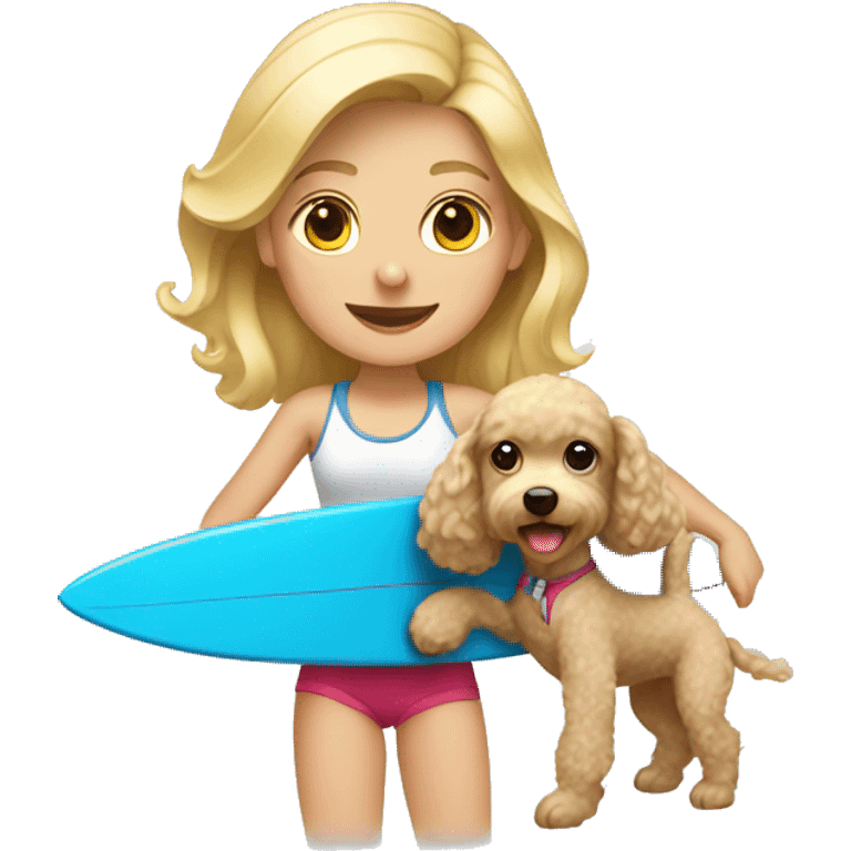 Blonde girl surfing holding a poodle  emoji