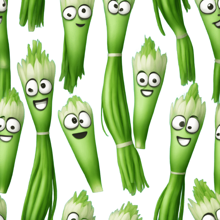 Cheerful green onion with big expressive eyes, a wide smile, and a few green stalks on top. Designed in a cute, cartoonish style with vibrant colors. emoji