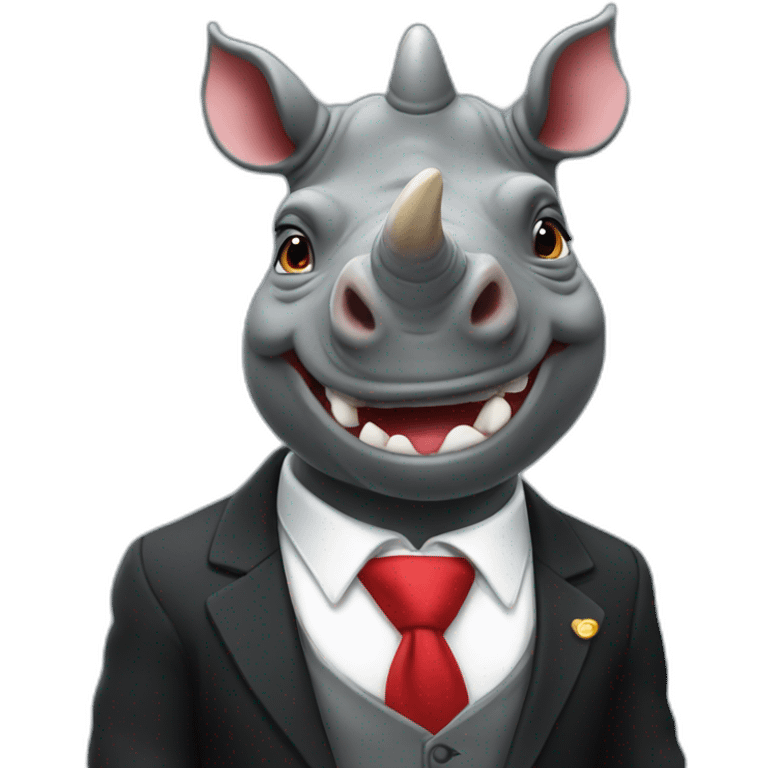 happy swag rhino wearing black suit with red tie emoji