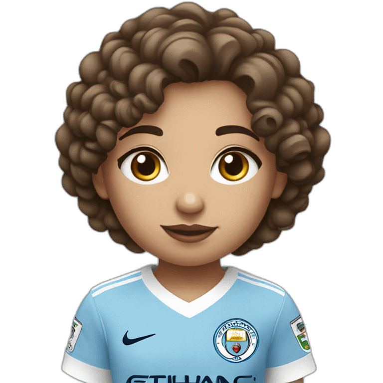 girl with short curly brown hair and eyes wearing Manchester City football shirt standing with a soccer ball emoji