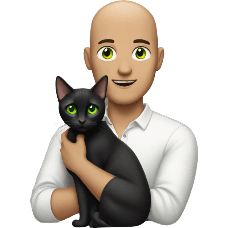 Bald man holding a green eyed black cat emoji