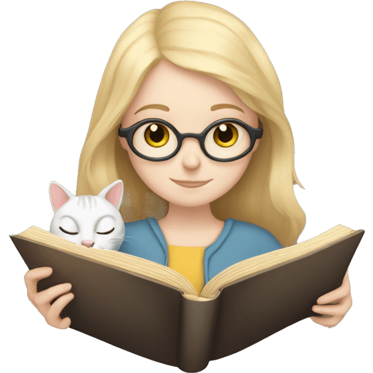 a pale skinned girl reading a book and a cat emoji