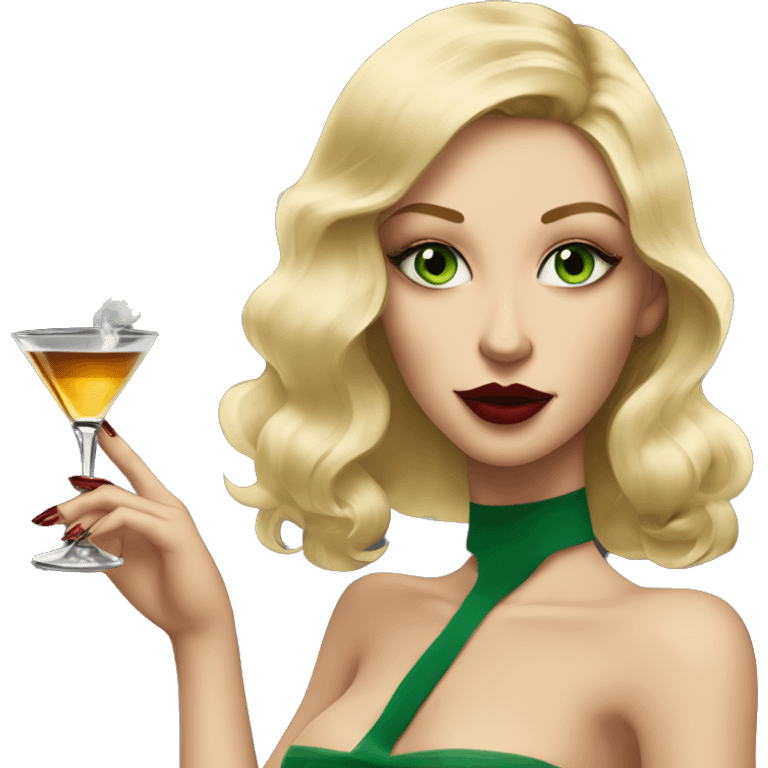 white, honey blonde pretty girl with green eyes, smoking a cigarette and a martini in hand, dark red nails, looking sexy and cool  emoji