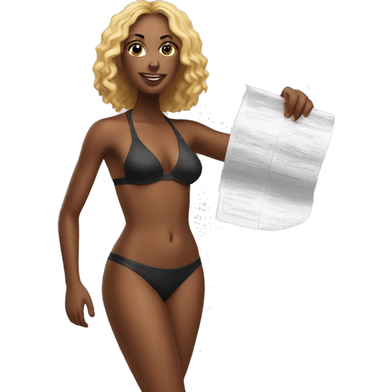 african american woman in bikini holding a paper emoji