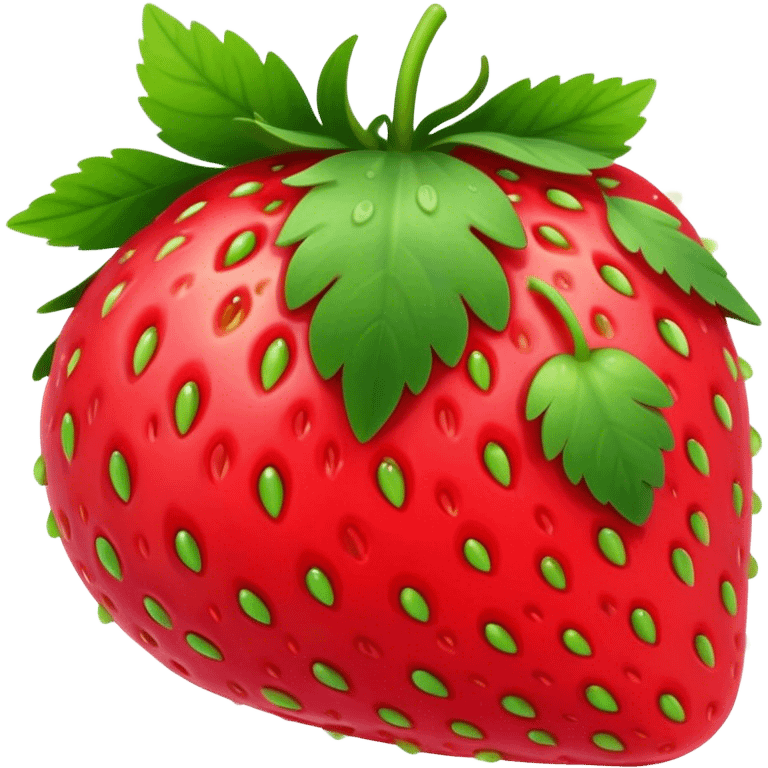 Cinematic Realistic Strawberry Emoji, Plump and juicy, with a deep red color and small, fresh seeds dotted across the skin. Its glossy, sweet surface catches the light, while bright green leaves top off the perfect, delicious berry. Soft glowing outline, capturing the essence of sweetness and freshness in a bright strawberry! emoji