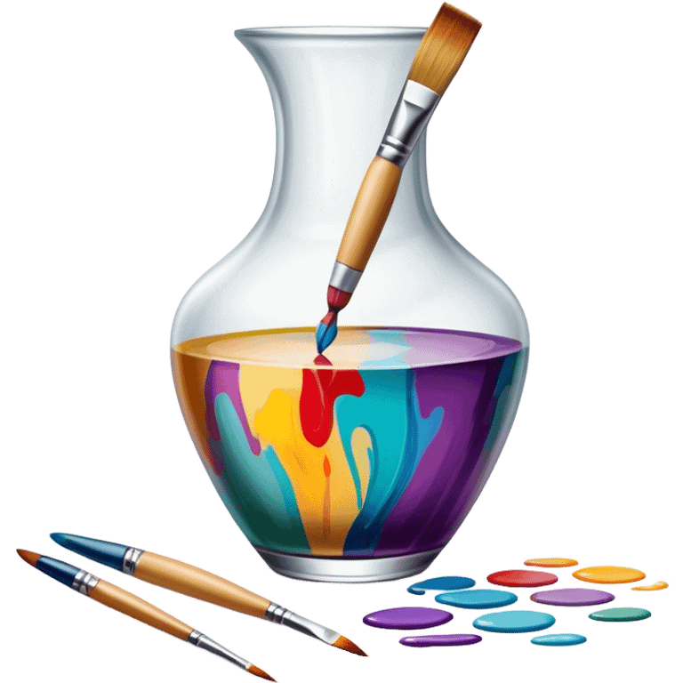 Glass painting icon, colorful brushstrokes on a glass vase, intricate painted patterns on the surface, visible fine paintbrush and palette beside it, no liquid inside the vase, minimalistic style, clean lines, transparent background. emoji