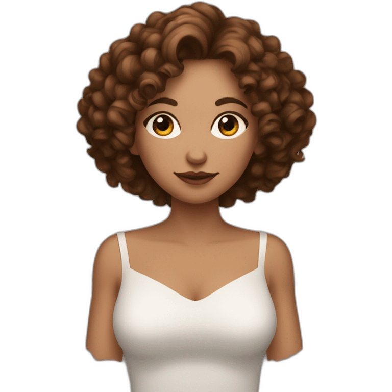 white woman-designer with brown curly hair, wears Off Shoulder Batwing Tank shows heart with her hands emoji