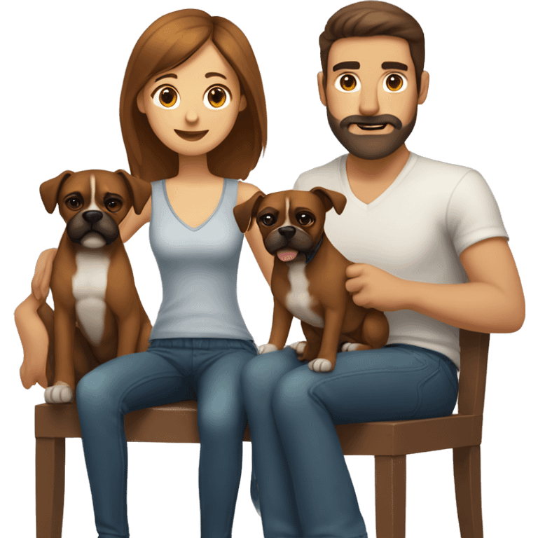 a girl with brown hair, a man with short buzz brown hair with a beard, sitting, with two brown boxer dogs emoji