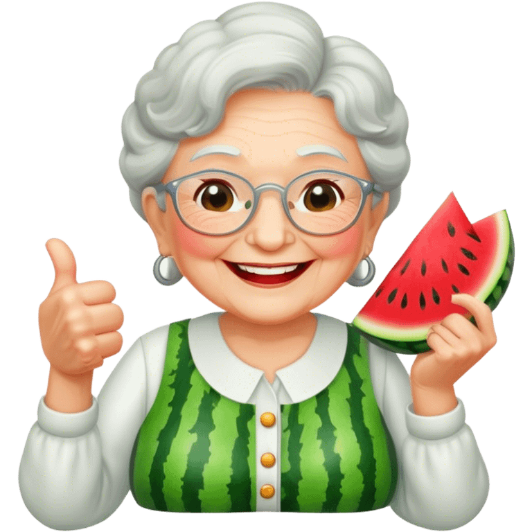 Grandma with watermelon doing thumbs up emoji