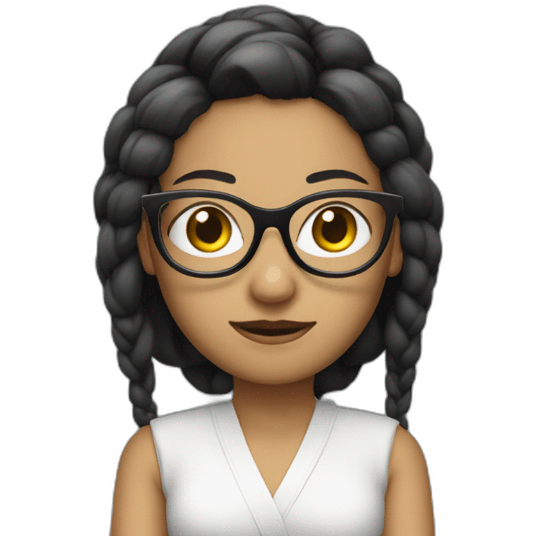 designer women dark tied up and flat hair, white skink with glasses crossing arms emoji