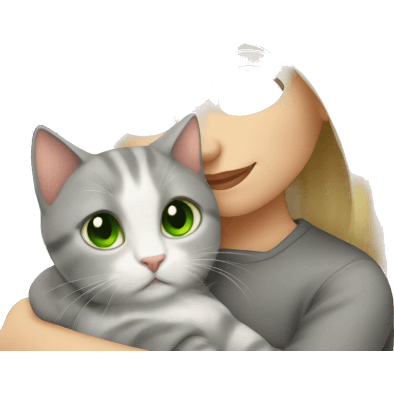 Blonde girl cuddling with a grey cat with green eyes emoji