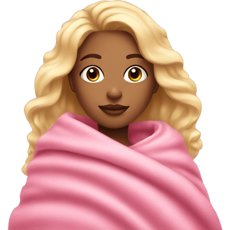 blonde girl with makeup on with a pink blanket around looking cozy emoji