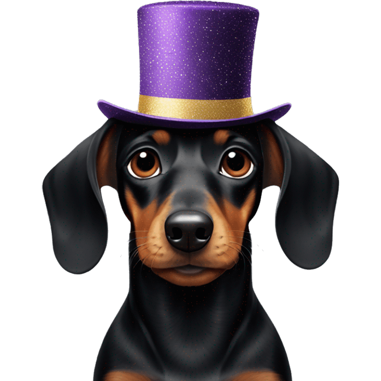 A black dachshund in a New Year's hat emoji