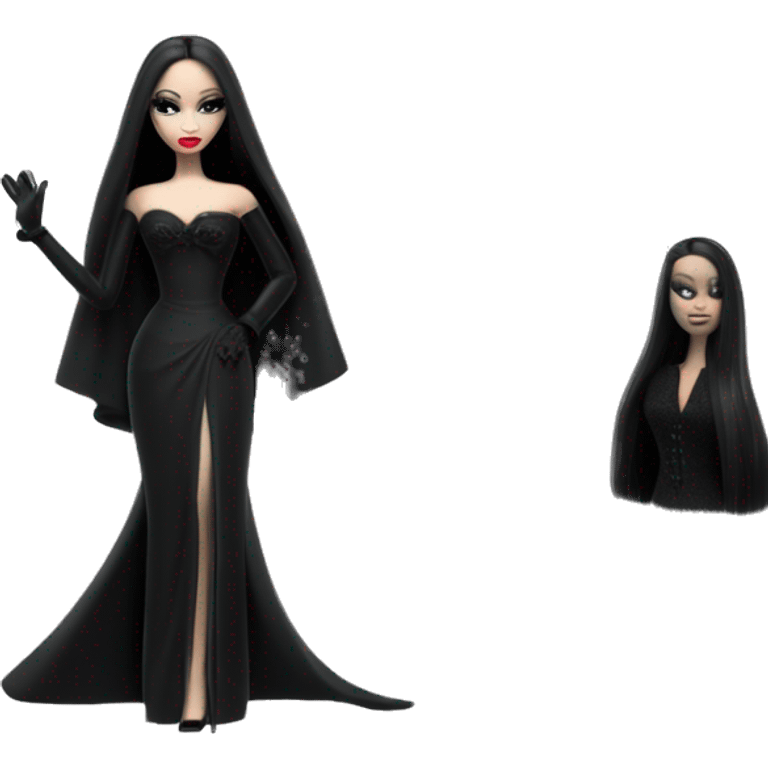 Funeral Barbie,teen Morticia Addams ,drying tears with handkerchief, show full body,accessories  gloves, funeral veil, holding umbrella  emoji