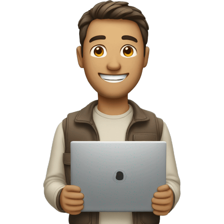 a man with a warm, friendly smile holding a laptop emoji