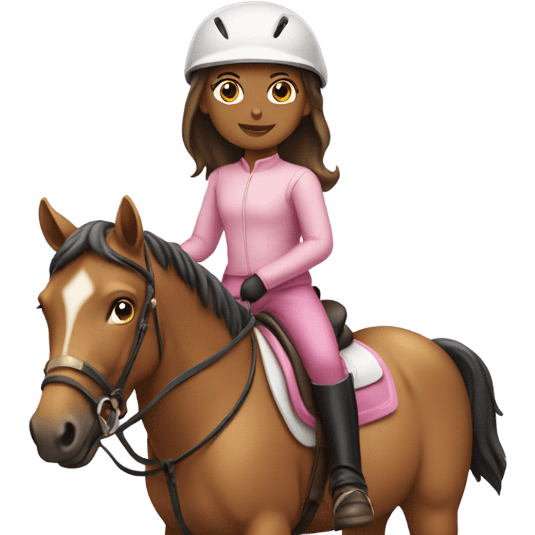 young girl riding a horse wearing tan pants, a pink long sleeve, a riding helmet and boots emoji