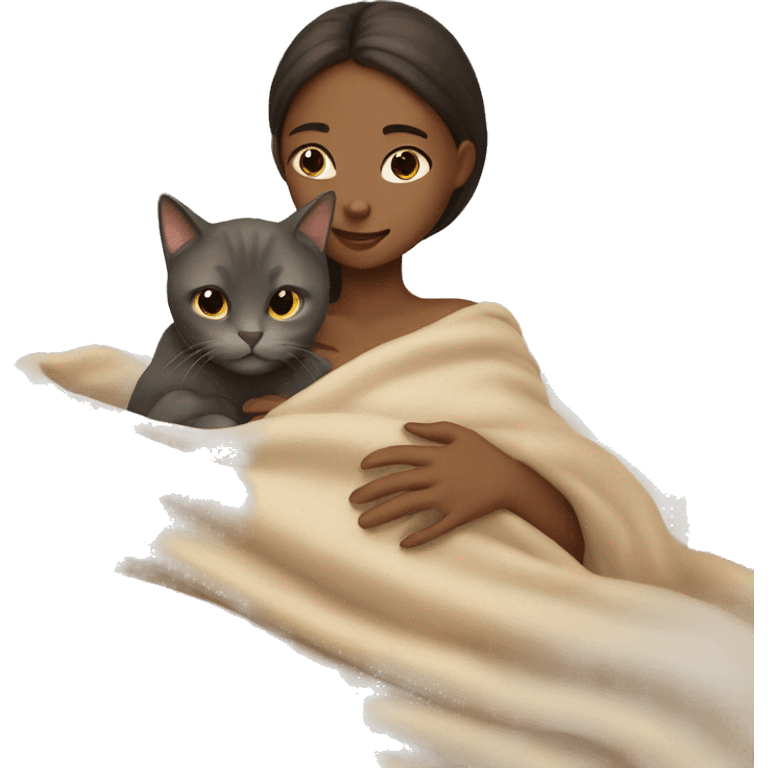 girl petting cat in beige blanket emoji