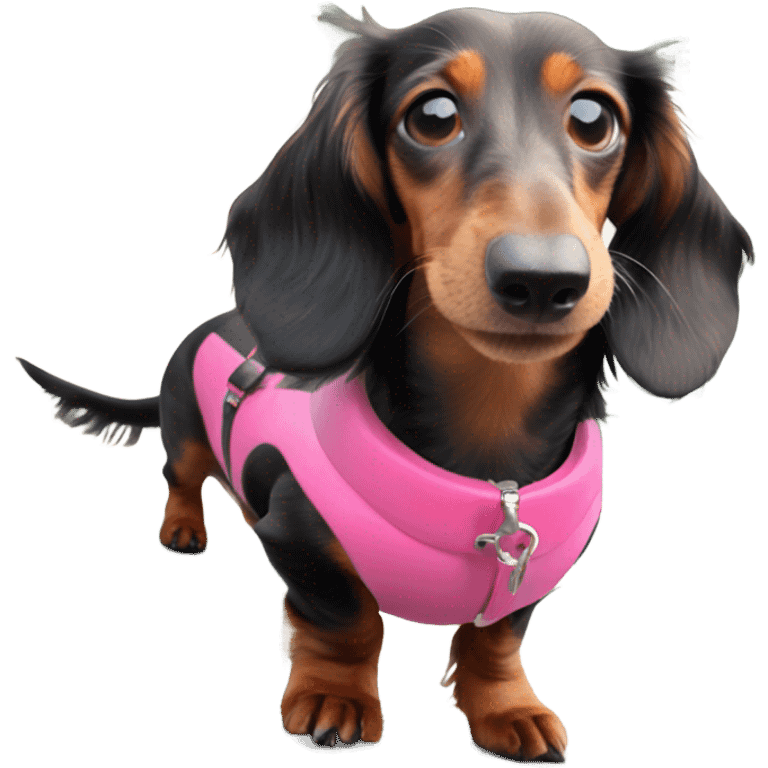 Long haired miniature dachshund red colour with pink collar waterskiing emoji