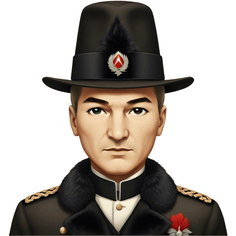 ​Cinematic Realistic Portrait of a Young Mustafa Kemal Atatürk, depicted wearing an iconic tall black fur hat along with traditional attire, his confident, visionary expression illuminated by warm, inspiring lighting, rendered with rich historical textures that capture his youthful dynamism and transformative leadership, emoji