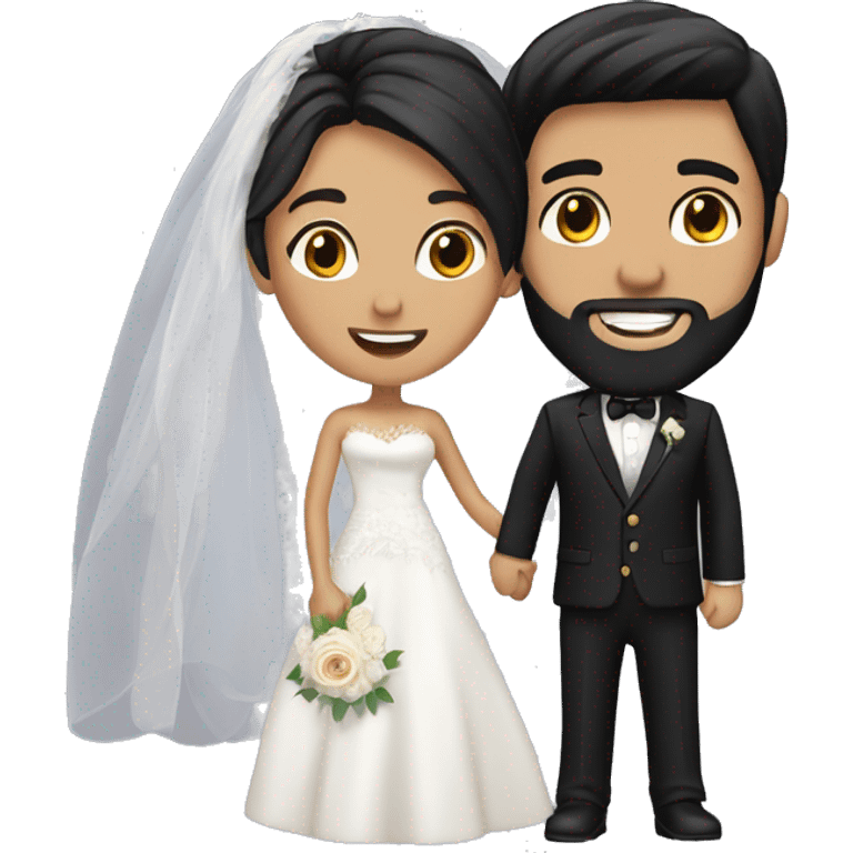 Wedding couple, groom black hair , beard, bronzed skin. Bride, white skin, black hair  emoji