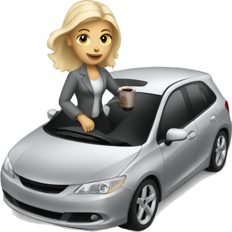 Blonde woman driving silver hatchback drinking coffee emoji