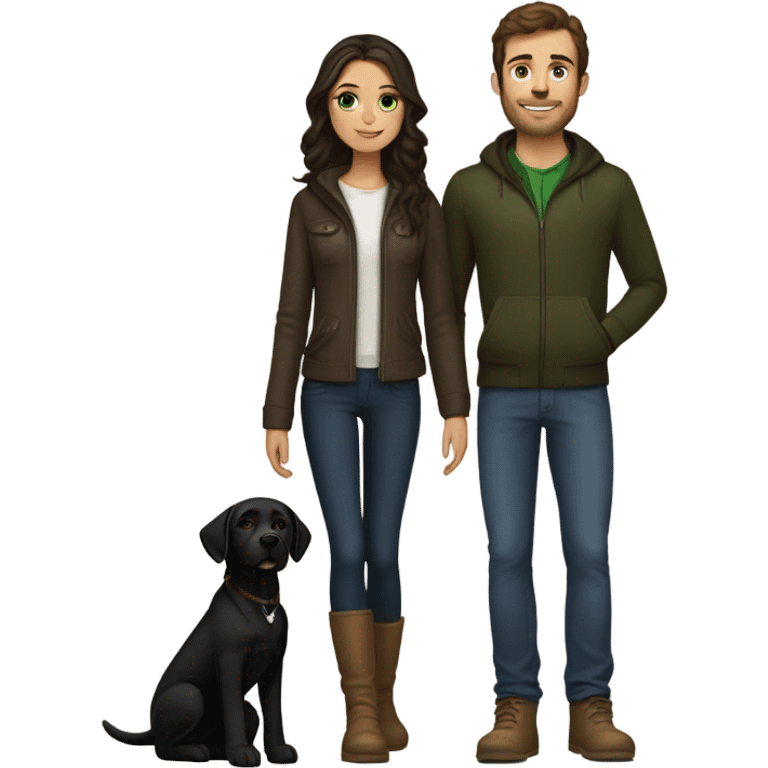 Spanish slim body brunette girl wearing Uggs next to a French guy brown hair, green eyes wearing hype outfit, chiseled jaw and with a black labrador pup  emoji