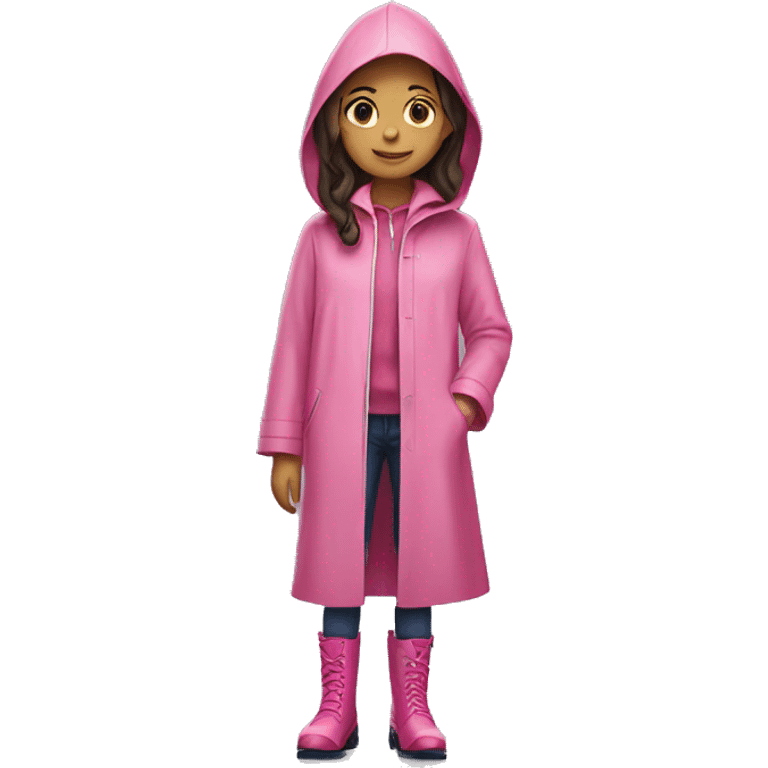 Girl in Pink raincoat wide dress and rainboots in rain  emoji