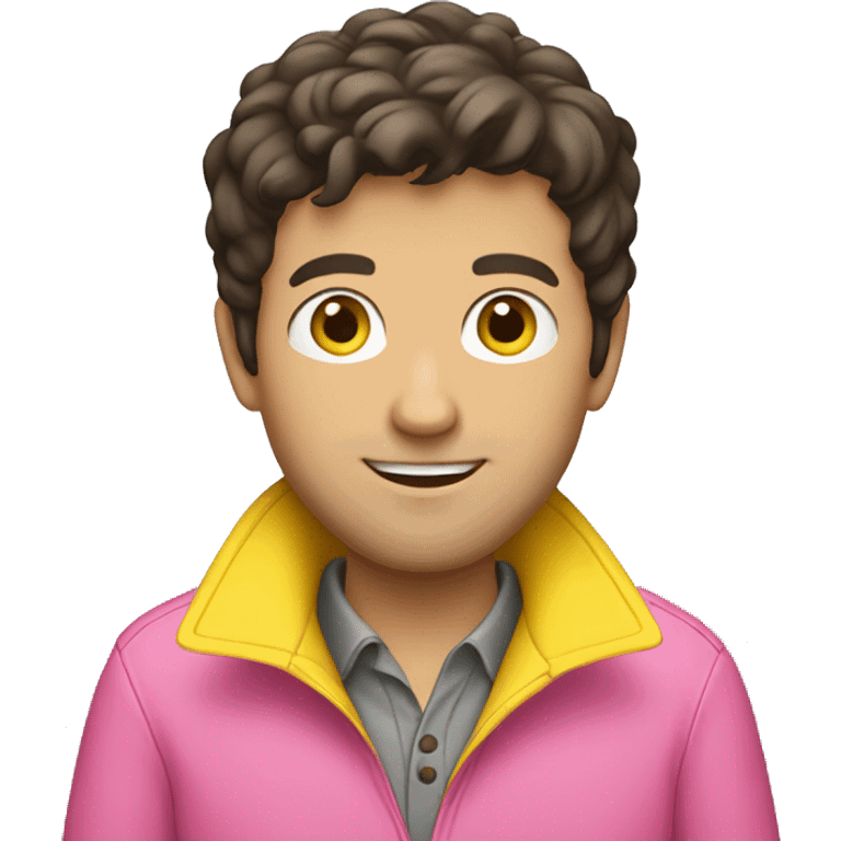 dark brown haired adult man wearing pink polo and yellow raincoat emoji