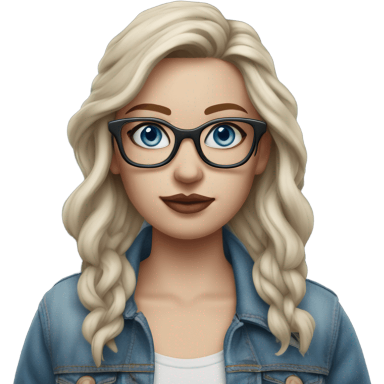 Create a Hyper Realistic pale beautiful tattooed 3D woman with glasses and blue eyes wearing denim jacket emoji