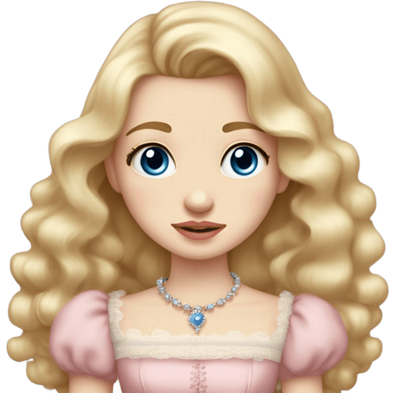 Girl is crying. with blonde hair pale skin blue eyes. Pink lips blush (but not too much). Vintage blowout with long hair not too curly.  light pink princess dress, puffed sleeves, dainty choker necklace (think Versailles but not too much).  emoji