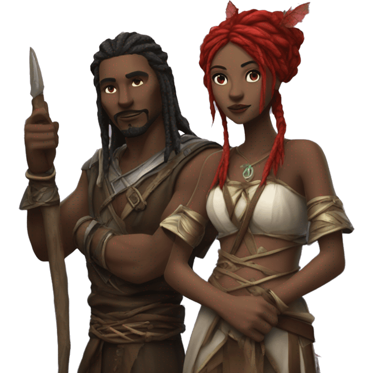 enchanting Fantasy couple druidess and assassin in nature emoji